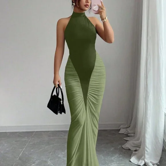 Army Green Elegant Women's Halter Neck Color Block Cinched Waist Fishtail Dress - Picture 1 of 6